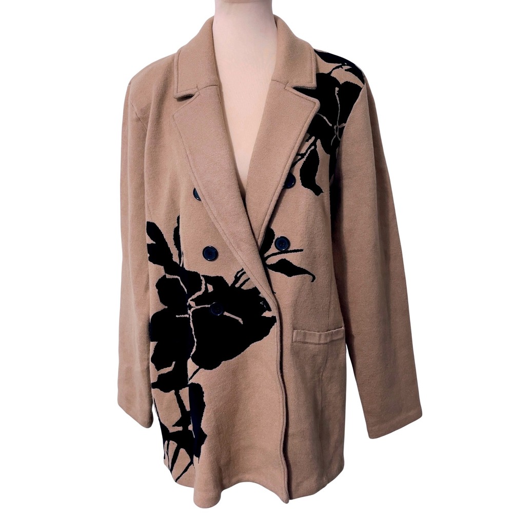 Chico's Tan Floral Double Breasted‎ Knit Blazer Jacket XL Academia Casual
